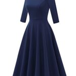 DRESSTELLS Women Vintage Tea Party Dress Formal Modest Floral Fit Flare Audrey Hepburn Dress for Cocktail/Wedding Guest/Church/Prom Navy XL