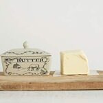 Creative Co-Op Country Stoneware Butter Dish with Lid, “Spread the Love” Message, and Farm Line Drawing, White and Black, Food, Microwave, and Dishwasher Safe