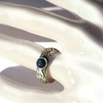 Created Blue Star Sapphire Ring Flower Wave Pattern Vintage Silver (Round Stone)