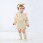 GRNSHTS Newborn Baby Girl Clothes Ruffle Solid Sweater Romper Long Sleeve Button Bodysuit+Hairband+Socks 3Pcs Fall Winter Outfits(Apricot,0-3 Months)