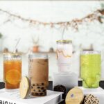 Icesip 16oz Drinking Glasses Cups Set of 4 with Bamboo Lids Straws Brush Vintage Glassware Set for Mojito Iced Coffee Beer Cocktail Whiskey(Mixed)