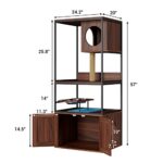 Cat Litter Box Enclosure with Cat Tree Tower, Industrial Large Hidden Cat Washroom Cabinet Furniture with Scratching Posts, Platform, Feeding Bowl, Pet Crate Indoor Cat House Furniture Vintage Brown