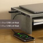 MyGift USB Enabled Monitor Stand Riser – Vintage Gray Wood & Black Metal Ergonomic Computer Screen Desktop Workstation Organizer with USB 2.0 & USB 3.0 Ports