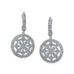 Vintage Style Bridal Sorcerer Shield Circle Round Compass Cubic Zirconia CZ Prom Dangle Earrings Silver Plated Brass
