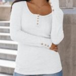 Kissfix Womens Long Sleeve Shirts Going Out Fall Clothes Casual Henley Tops Ribbed Knit Blouses Fashion Trendy Outfits White XL
