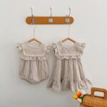 Ashmyova Toddler Girls Linen Summer Casual Dress Kids Vintage Ruffles Stripe Baby Rompers Dresses Kahhi Rompers Size 6-12 Months