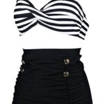 COCOSHIP Black & White Stripe High Waisted Bikini Buttons Vintage Bathing Suit Ruched Swimwear S(US4)