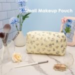 PAZIMIIK Vintage Quilted Makeup Bag Cosmetic Pouch for Brushes Pencils and Travel Make Up Accessories for Women and Girls Floral Blue