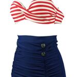 COCOSHIP Red Beige White Stripe & Navy Blue High Waisted Bikini Buttons Vintage Bathing Suit Ruched Swimwear L(US8)