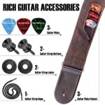 ROTOPATA Guitar Strap with Pick Holders, 2 Buttons 2 Locks 3 Guitar Picks, Vintage Strap with Genuine Leather Ends,Length Adjustable(Brown)