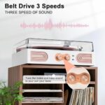 Vinyl Record Player with Built-in Speakers 3-Speed Vintage Record Player Support Treble& Bass Control, 3.5mm Headphone Jack, RCA-Out/Aux in, Belt-Driven LP Turntable,White Rose Gold