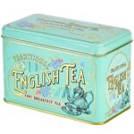 New English Teas Vintage Victorian Tea Tin with 40 English Breakfast Tea Bags, Forget Me Not Florals, Black Tea, Ceylon Tea, Mint Green British Tea Caddy