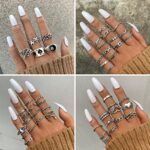 Silver Vintage Goth Punk Rings Set for Men Girls Women, Cool Gothic Ring Pack, Trendy Stackable Boho Chunky Knuckle Emo Full Finger Rings, Adjustable Open Snake Butterfly Ace Eboy Y2k Ring (1-1)