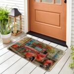Spring Door Mat Vintage Floral Truck Farmhouse Rustic Country red Rubber Duty Waterproof Classroom House Dorm Pool Porch Office Patio Decorations Camping Dirt Trapper Door Mat 17x29Inch