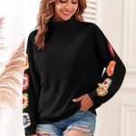 ZAFUL Women Turtleneck Flower Pattern Sweater Pullover Lantern Long Sleeve Knit Sweaters Trendy Knitwear Top Black L