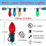 SOTOPOO C7 Vintage Christmas Lights Outdoor Multicolor Christmas Tree Lights, 25FT Colorful Christmas Lights for Home Yard Indoor Outdoor Christmas Decorations, 27Pcs E12 Bulbs (2 Spare Bulbs)