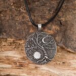 HAQUIL Vintage Antique Tree of Life Sun and Crescent Moon Pendant Necklace, Faux Leather Cord, Jewelry Gift for Women and Men