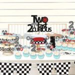 Sursurprise Two Fast Two Curious Birthday Decorations, 25Pcs Two Fast Two Curious Cake Topper Vintage Race Car Cupcake Toppers for Boy 2nd Birthday Let’s Go Racing Party Supplies