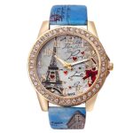 Women’s Wrist Watch Vintage Paris Eiffel Tower Crystal Leather Quartz Wristwatch Best Gift (Blue -1)