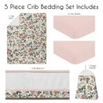 Sweet Jojo Designs Blush Pink Yellow Vintage Floral Boho Girl Baby Crib Bedding Set Infant Nursery Room Quilt Fitted Sheet Skirt Diaper Stacker Green White Bohemian Shabby Chic Rose Flower Farmhouse