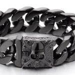 COOLSTEELANDBEYOND Mens Black Large Steel Curb Chain Bracelet with Fleur De Lis and Skull, Biker Gothic, Polished