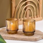 Kate Aspen Vintage Ribbed Amber Glass Tealight & Votive Candle Holders (Set of 6), Fall Decor, Boho Decor, Shelf Decoration (27206AB)