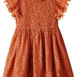 2Bunnies Girl Baby Toddler Vintage Lace Pom Pom Flutter Sleeve Easter Birthday Outfit Dress (Rust Orange Brick Red, 9/10)