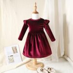 Toddler Baby Girls Vintage Ruffle Velvet Dress Fall Winter Kids Solid Long Sleeve Casual Princess A-Line Dress for Christmas Wedding Evening Gown Holiday Outfit Wine Red 18-24 Months