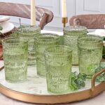 Vintage Textured Sage Green Striped Drinking Glasses Set of 6-13 oz Ribbed Glassware with Flower Design| Cocktail Set, Juice Glass, Water Tumbler